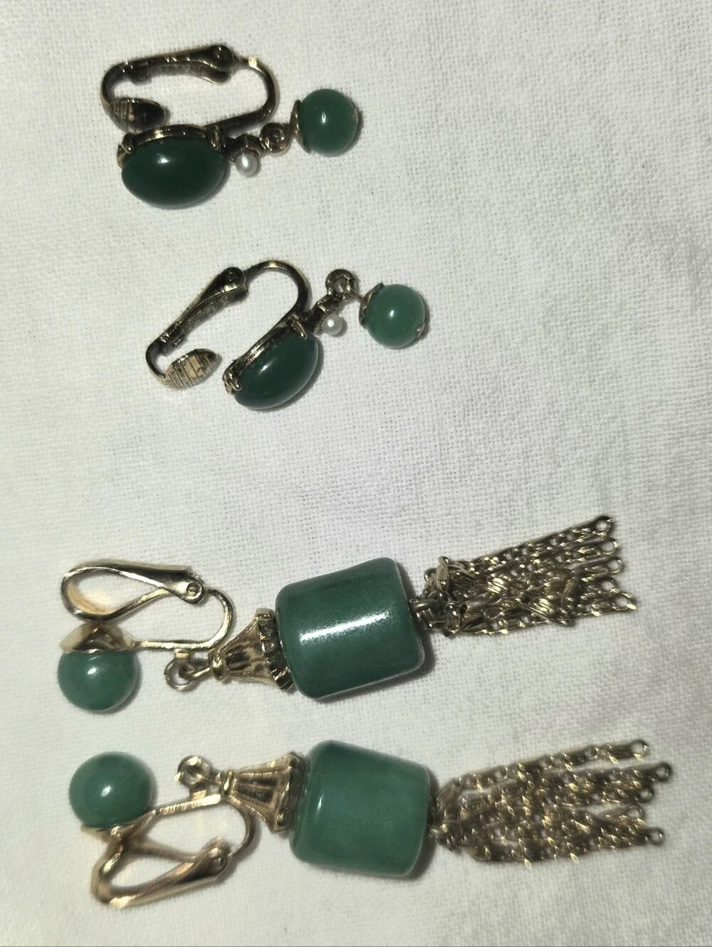 Vintage Green Earrings Lot, 1960s Faux Jade Pearl Drops + 1970s Gold Tassel